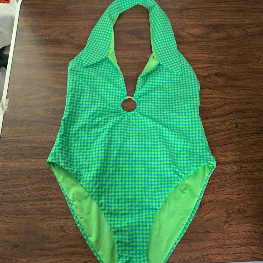 New WEWOREWHAT green one piece swimsuit plaid sz  L womens - Picture 6 of 9